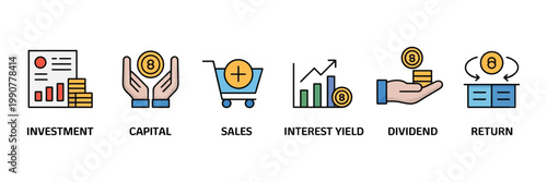 Investment and capital icons for business in filled line art style