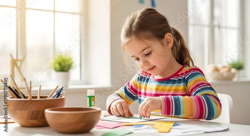 Young girl doing homework or drawing at a bright kitchen table with colorful striped sweater and art supplies in a cozy home setting