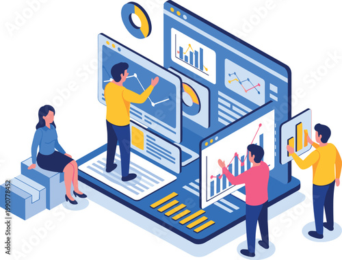 Illustration of Business people analyzing data on large computer screen