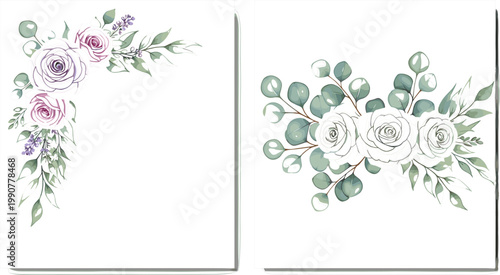 Elegant Dark Floral Rose and Eucalyptus Corner Frame Set with Gold Rectangle Border for Wedding Invitation Botanical Design