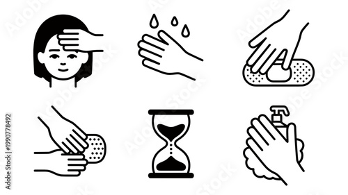 A set of six black and white line icons illustrates fundamental personal hygiene and basic medical care steps.