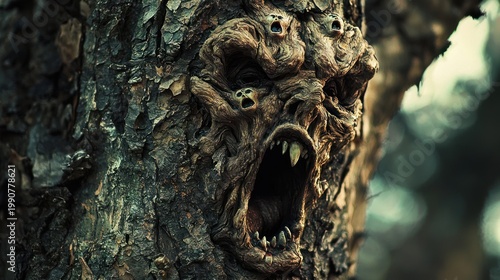 Tree face with open mouth and detailed carving