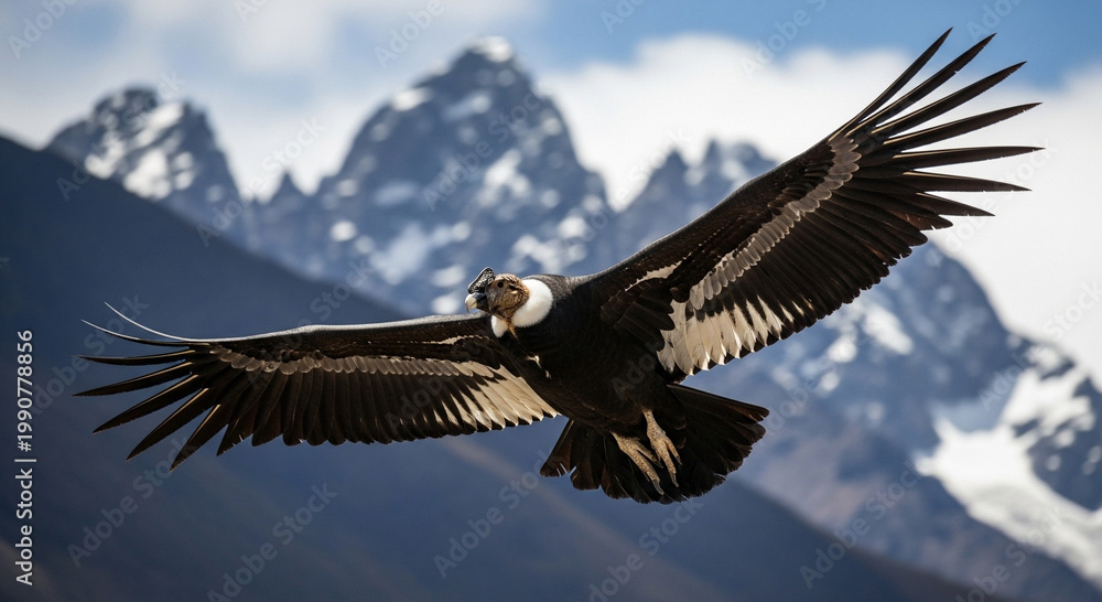 Obraz premium Majestic Andean Condor Soaring With Wings Fully Extended Against Rugged Snow‑Capped Mountain Peaks And Cloudy Sky, Dramatic Wildlife Scene Highlighting Scale And Beauty