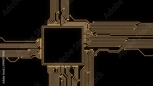 Glowing Circuit Board Lines Radiating From A Central Black Square Against A Black Background
