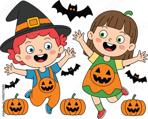 Happy kids in Halloween costumes with pumpkins bats and festive fun