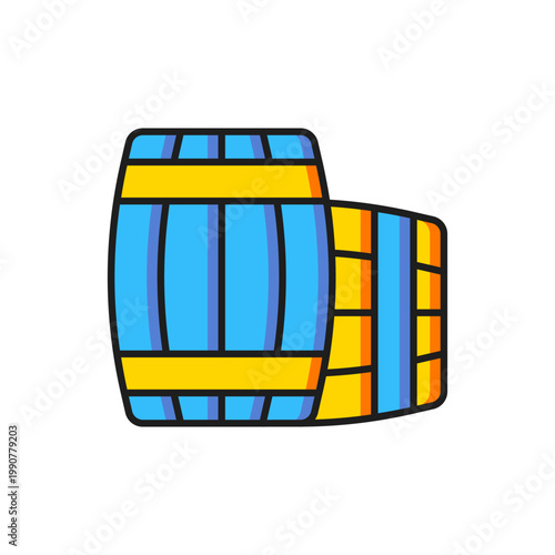 Color Wooden barrel icon isolated on white background. Alcohol barrel, drink container, wooden keg for beer, whiskey, wine. Flat filled outline style with shadow. Vector