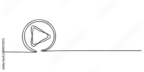 One continuous line drawing of Play button. Icon of start and pause playing music video and voice message in simple linear style, Play button icon Play button icon continuous one line drawing on white