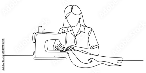 Continuous line art drawing of woman work with sewing machine. woman using sewing machine in single outline illustration, Seamstress works, dressmaker, seamstress, sewing, tailor, person, female, fash