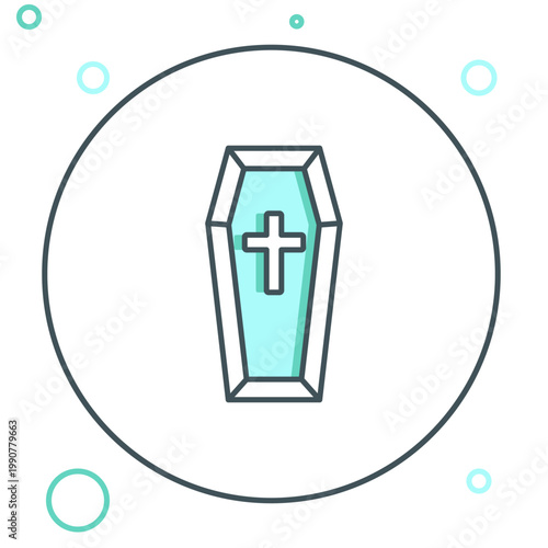 Line Coffin with christian cross icon isolated on white background. Happy Halloween party. Colorful outline concept. Vector