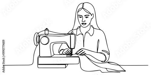Continuous line art drawing of woman work with sewing machine. woman using sewing machine in single outline illustration, Seamstress works, dressmaker, seamstress, sewing, tailor, person, female, fash