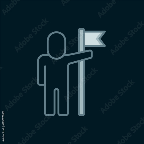 Line Man holding flag icon isolated on black background. Victory, winning and conquer adversity concept. Flat filled outline style with shadow. Vector
