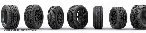 Array of seven black car tires in a row, each exhibiting tread patterns