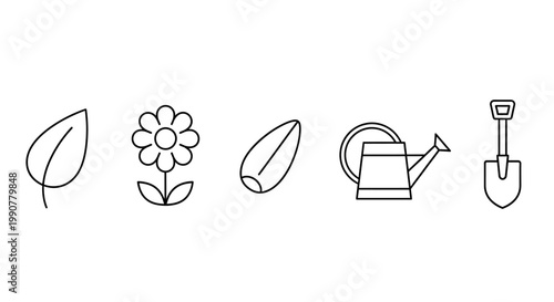 Gardening tools and plant icons.