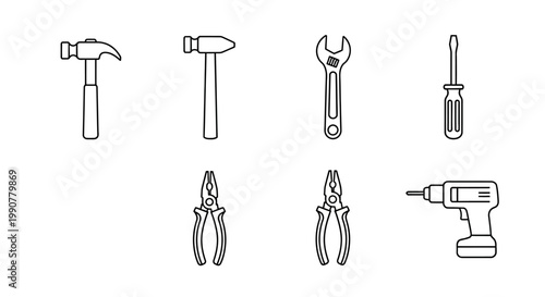 Collection of Hand Tools and Power Drill Icons.