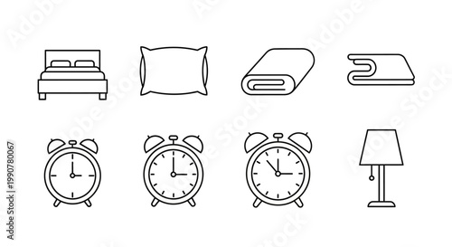 Collection of bedroom objects line art.