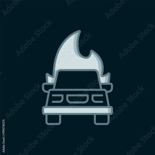 Line Burning car icon isolated on black background. Insurance concept. Car on fire. Broken auto covered with fire and smoke. Flat filled outline style with shadow. Vector
