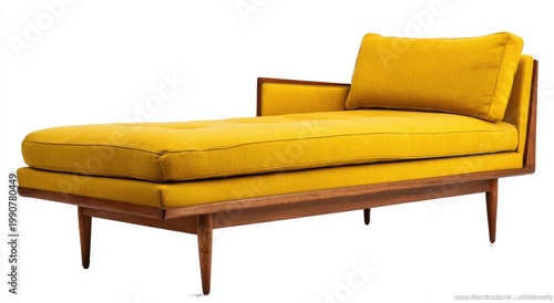 Mid-century modern yellow chaise lounge with wooden frame and tapered legs