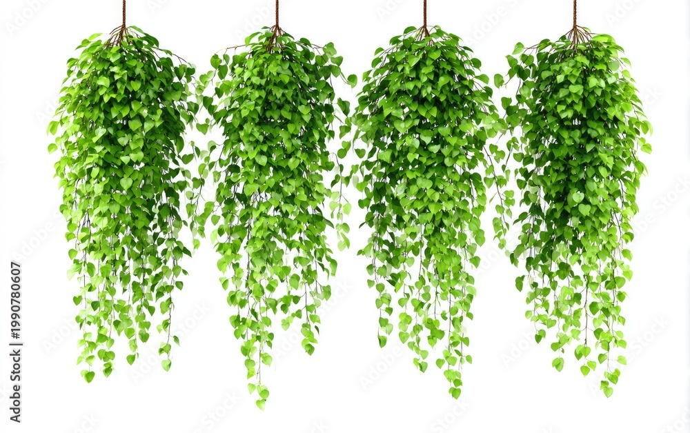 Fototapeta premium Lush green hanging plants with cascading heart-shaped leaves, isolated on white