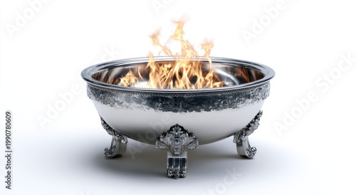 Ornate silver bowl on clawed feet holding flickering flames on white background