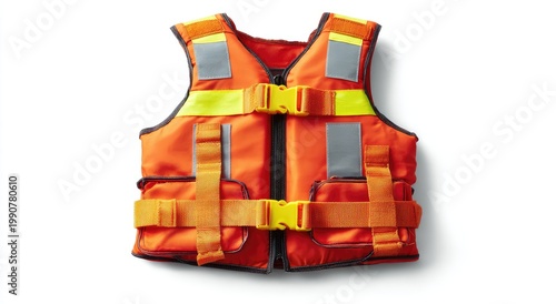 Bright orange flotation vest with yellow safety stripes and adjustable straps
