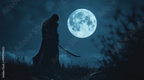 Silhouette with sword under full moon