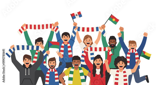 Diverse group of excited sports fans cheering with flags and scarves