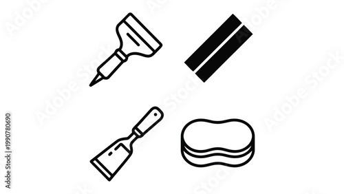 Cleaning Essentials Illustration: A collection of simple black line art tools essential for cleaning purposes, including a scraper, squeegee, putty knife, and sponge, ideal for various cleaning tasks.