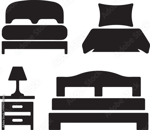 Bedroom Furniture Icons Including Beds and Nightstand vector illustration