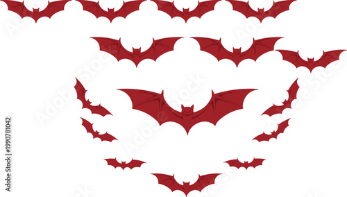 Vector illustration of red bats in flight arranged in symmetrical swarm pattern for Halloween or mystery themes