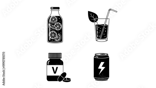 Minimalist monochrome vector illustrations depicting various health and energy items refreshing drinks, vitamin supplements, and invigorating beverages, ideal for clean graphic design