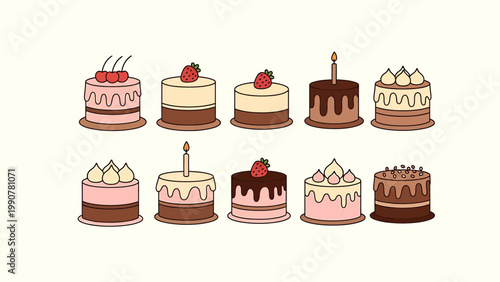 A delightful collection of assorted decorative cakes, featuring various toppings and frosting designs, perfect for birthdays, celebrations, and sweet dessert indulgences