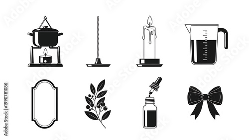 Collection of icons representing crafting and DIY projects including a pot on a stove, a candle, a measuring cup, and a decorative bow