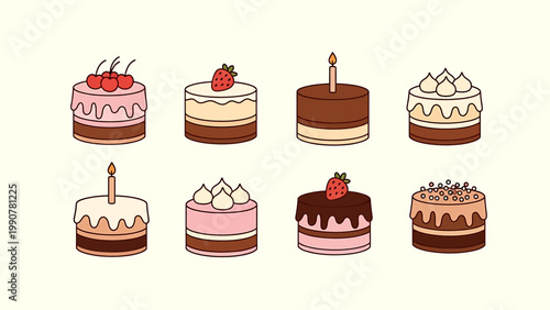 Delicious assortment of various small celebratory cakes with different sweet toppings, presented in a delightful flat vector illustration style, perfect for confectionery themes and sweet treats