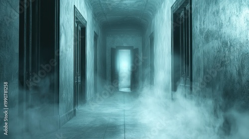 Mysterious hallway with fog and open doors