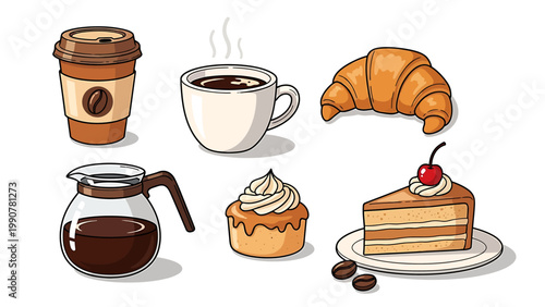 A delightful collection of classic coffee beverages and freshly baked pastry illustrations, ideal for cafe menus or breakfast designs