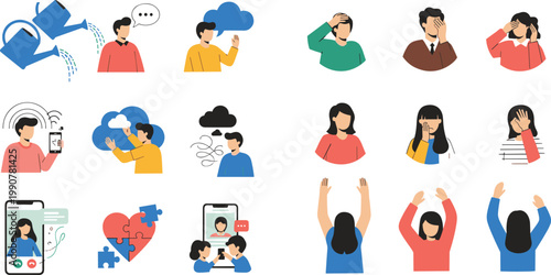 Mental Health and Emotional Expression Illustration Set with Stress Anxiety Support Communication and Human Feelings Icons for Therapy Awareness and Healthcare Design