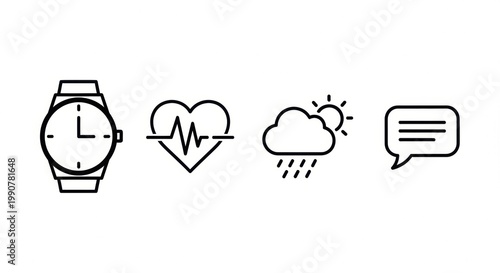 Minimalist line art icons depicting core functionalities like time tracking, health monitoring, weather updates, and messaging for various digital applications and user interfaces
