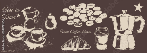 Vintage coffee sketch banner with moka pot, beans and croissant. Hand-drawn retro style illustration for cafe menu or packaging.