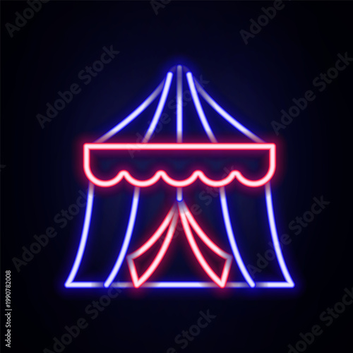 Glowing neon line Circus tent icon isolated on brick wall background. Carnival camping tent. Amusement park. Colorful outline concept. Vector