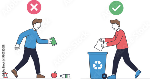 Vector illustration showing proper and improper waste disposal with recycling bin, litter, and eco‑friendly awareness symbols