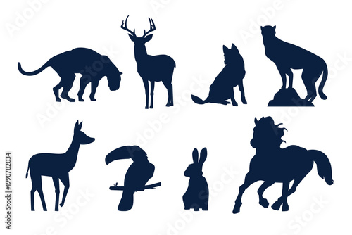 Silhouettes of various animals on white background