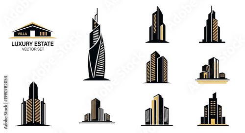 Collection of Modern Skyscraper and Building Logos for Real Estate and Urban Development.