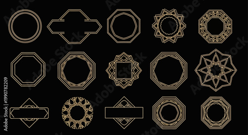 Set of Elegant Golden Geometric Frames and Borders on Black Background.