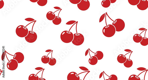Seamless repeating pattern of minimalist red twin cherry icons with stems and leaves