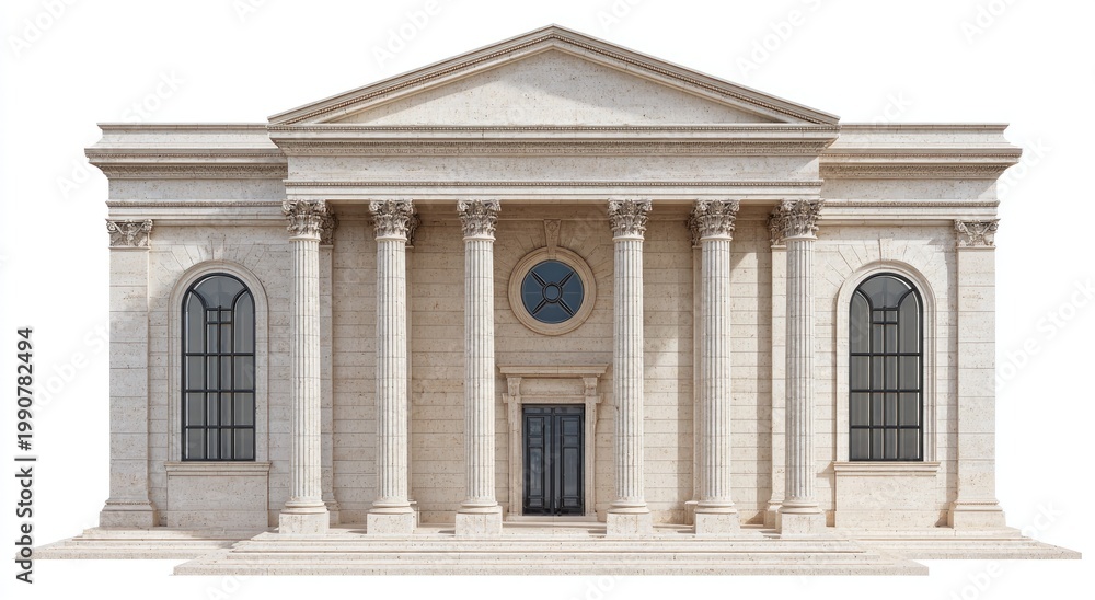 Fototapeta premium Grand neoclassical facade with columns, arch windows, and pediment