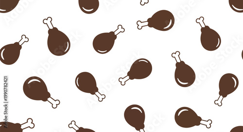 Seamless pattern of cute cartoon fried chicken drumsticks with bones on a white background