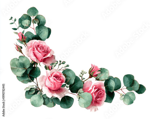 A delicate pink rose and eucalyptus floral arrangement on white