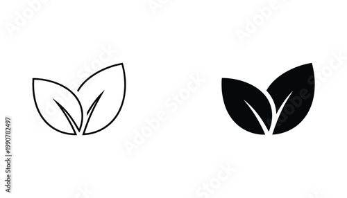 Two stylized leaves icon design in outline and solid black silhouette styles for eco friendly branding and organic product labels