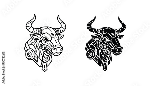 Mechanical bull head mascot icon set with industrial gear details in outline and solid black styles for sports or corporate branding