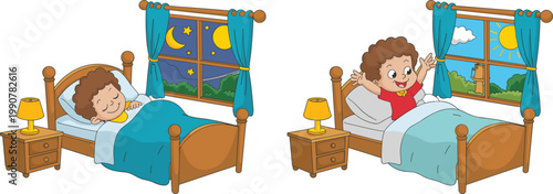 Kids bedtime and morning routine illustration showing sleep and wake cycle